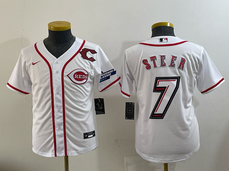 Youth Cincinnati Reds #7 Steer white Nike MLB 2025 Jersey 006